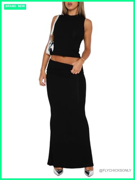 Tops - Women's 2 Piece Outfits Sleeveless Crop Top Fold Over Maxi Skirt Set